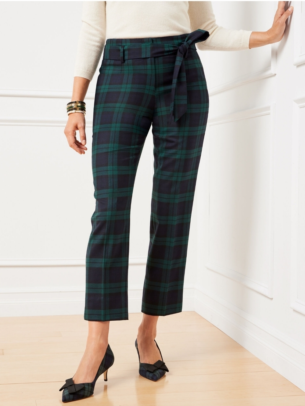 Talbots Black Watch Tartan Tie-Waist Slim Ankle Pants Green/Navy/Black